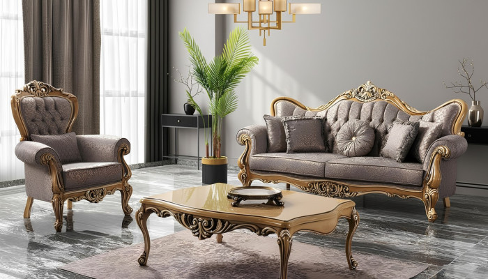 Chesterfield divvietīgs dīvāns ar krēslu auduma galds pelēks dīvāns