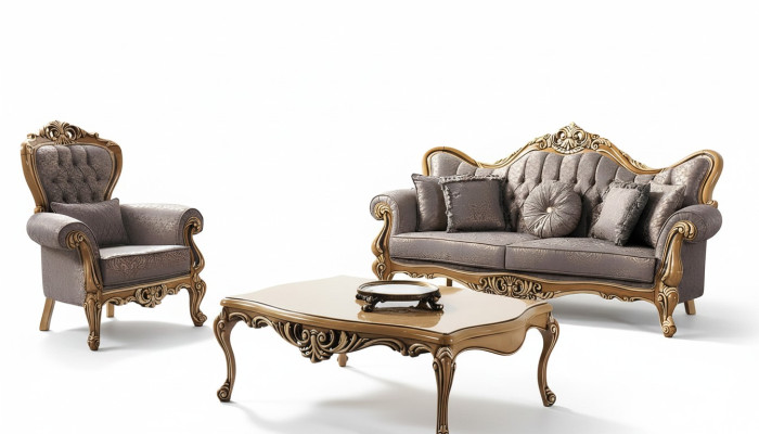 Chesterfield divvietīgs dīvāns ar krēslu auduma galds pelēks dīvāns