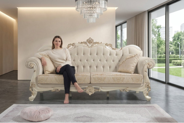 Trīsvietīgā dīvāna 3. sēdeklis, auduma dīvāns, bēšs krāsas Chesterfield stils
