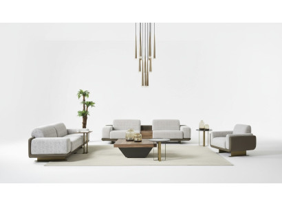 Grupas sofa Pilna mīksta galdi soļaini Pelēks auduma dīvāns Dīvānu komplekts 3 daļas