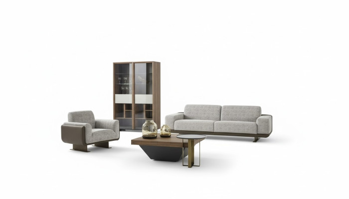 Sofas komplekts ar vienu trīsvietīgu un vienu vienvietīgu mēbeli pelēkā krāsā, dizaina grupa.