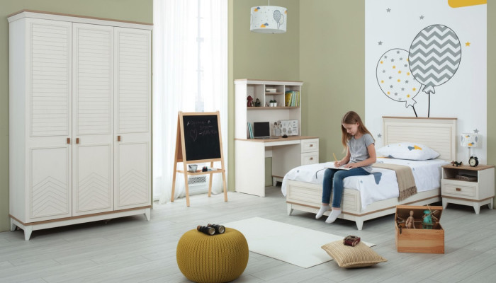 Guļamistabas komplekts, jauniešu gulta, bērnu gulta, baltā koka komplekts 4 gabali, moderns gulta.