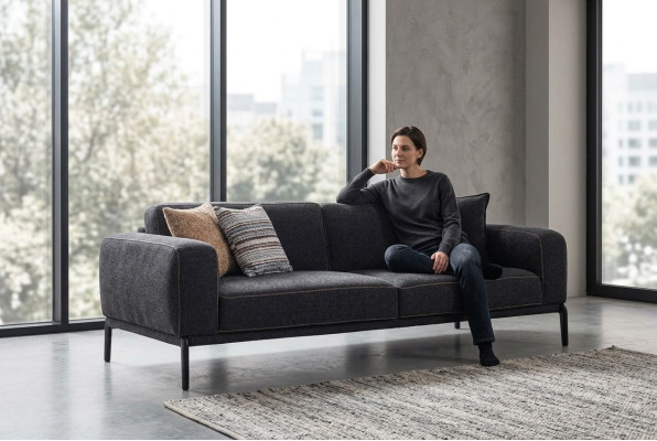 Eleganta mīksta sofa, sofa, 3 vietu dīvāns, sēdvietu dīvāns pelēks audums Moderns mīkstais dīvāns