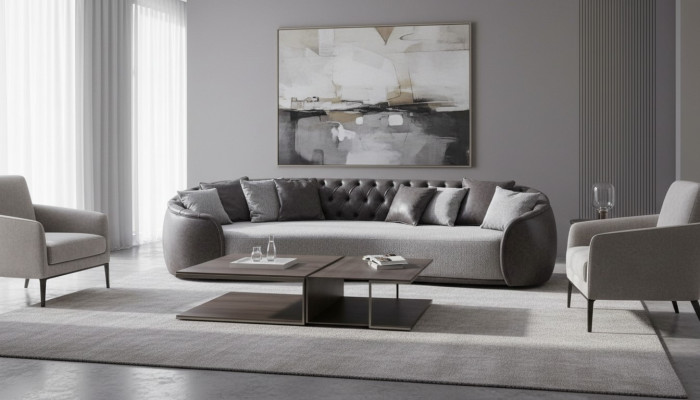 Četrvietais Chesterfield dīvāns 4-vietīgs pelēks auduma dīvāns auduma polsterdīvāns