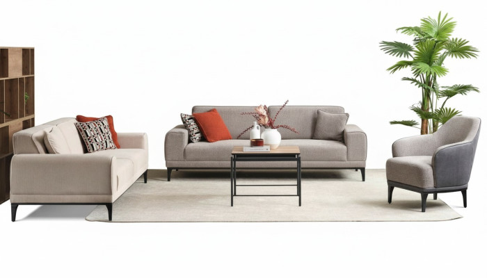 Sofas komplekts, trīsvietīgs dīvāns, vienvietīgs krēsls, auduma dīvāns, pelēks, auduma dīvāns komplekts 3+3+1