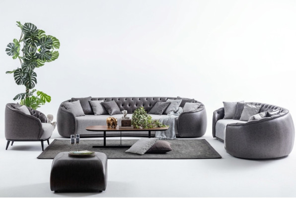 Luksusa villu mēbeles Pelēkā Chesterfield dīvāngarnitūra auduma dīvāni Tekstilizstrādājumi 4+3+1