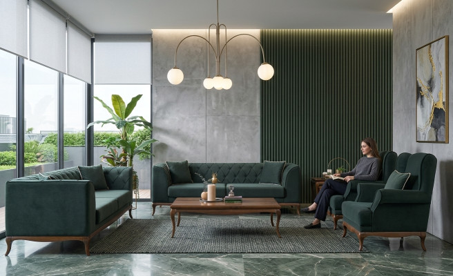 Sofas komplekts Trīsvietīgā Sofa Auduma sofa Zaļa mīksta sofa Divvietīgās sēdvietas