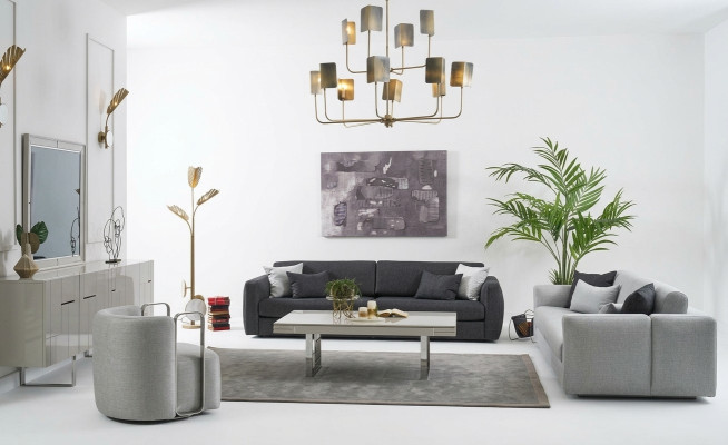 Sofas garnitūra Komplekts ar auduma mīkstajiem griestiem Pelēks komplekts 3 gab. Jauns