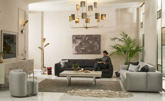 Sofas komplekts Auduma sofa Pilnīgās dīvāna polsterētas dīvāni Pelēka komplekta 4 gab. Jauna