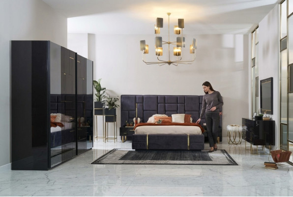 Luxury double bed frame bedroom wood set 6 pcs. Black design - Luksusa divguļama gultas rāmis guļamistaba koka komplekts 6 gab. Melnā dizains