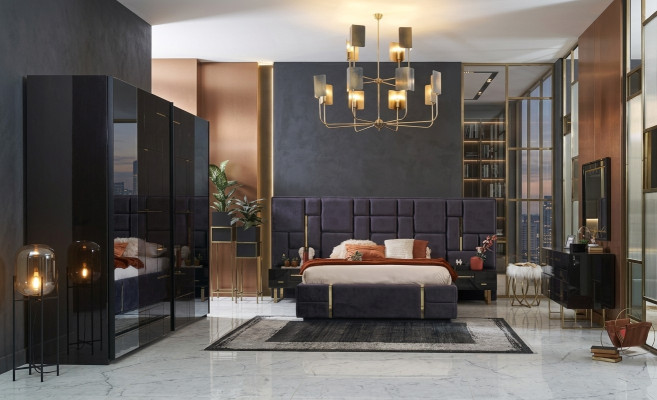 Luxury double bed frame bedroom wood set 6 pcs. Black design - Luksusa divguļama gultas rāmis guļamistaba koka komplekts 6 gab. Melnā dizains