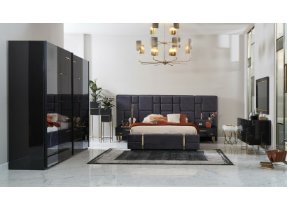 Luxury double bed frame bedroom wood set 6 pcs. Black design - Luksusa divguļama gultas rāmis guļamistaba koka komplekts 6 gab. Melnā dizains
