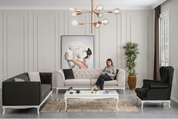 Chesterfield Komplektā auduma dīvāns Sofa gultas Polstermēbeles 4 gab. Melns