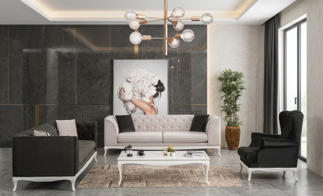 Chesterfield Komplektā auduma dīvāns Sofa gultas Polstermēbeles 4 gab. Melns