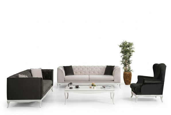 Chesterfield Komplektā auduma dīvāns Sofa gultas Polstermēbeles 4 gab. Melns