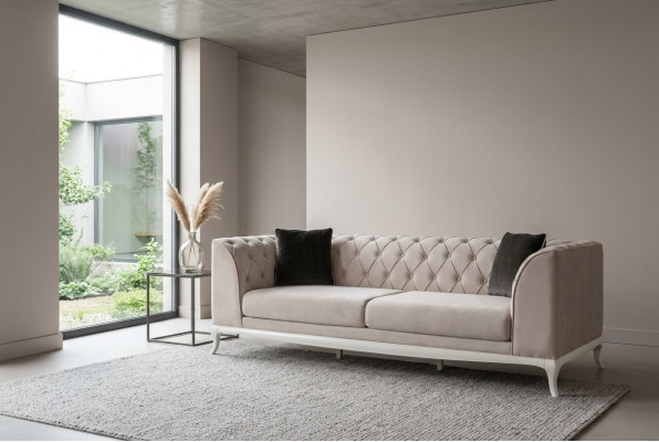 Dzīvojamā istaba auduma dīvāns trīsvietīgs Chesterfield Couch Sofa 3 sēdvietas gaiši brūns audums