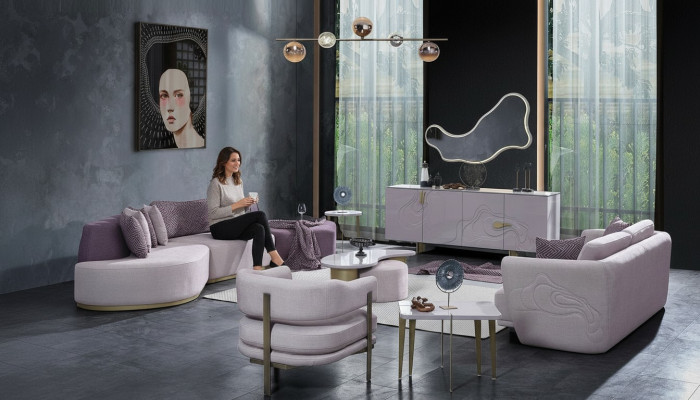 Sofas komplekts Lieliska dzīvojamo platību rozā auduma mūsdienīga iekārta 7. gab.
