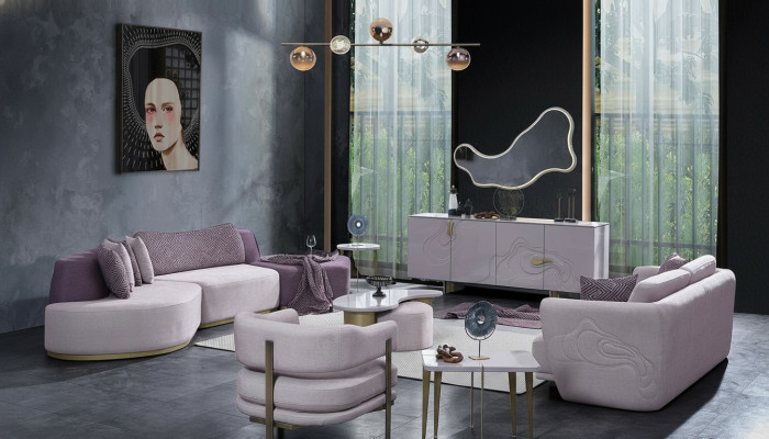 Sofas komplekts Lieliska dzīvojamo platību rozā auduma mūsdienīga iekārta 7. gab.