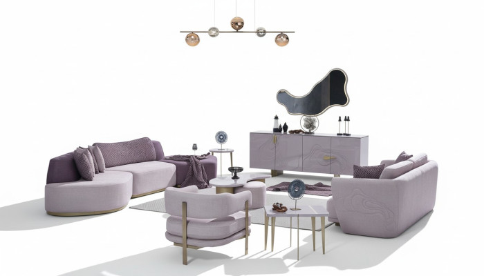 Sofas komplekts Lieliska dzīvojamo platību rozā auduma mūsdienīga iekārta 7. gab.