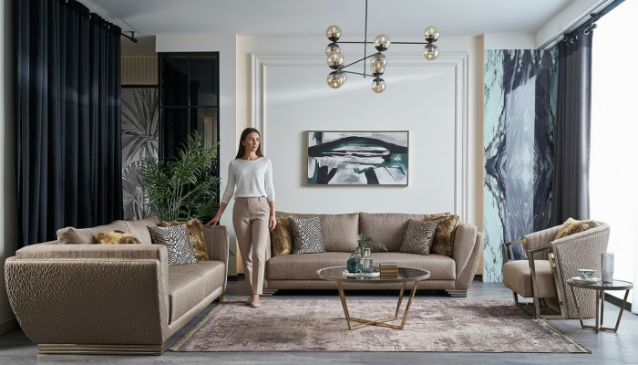 Audumainas sofa, 3-vietīgā dīvāngarnitūra ar brūnu apdari, komplektā 3 gabalos - moderns.