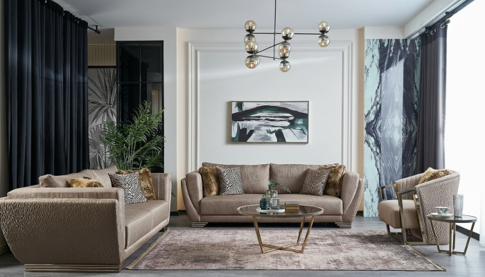 Audumainas sofa, 3-vietīgā dīvāngarnitūra ar brūnu apdari, komplektā 3 gabalos - moderns.