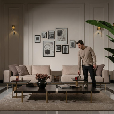 Divvietvietīga dīvāna 4-vietīgais auduma dīvāns beige moderns galds jauns