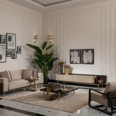Pilnīgi mēbeles dzīvojamā istabā Dīvāns galds 6 gab Stofa Dīvāns Beige koks Moderns