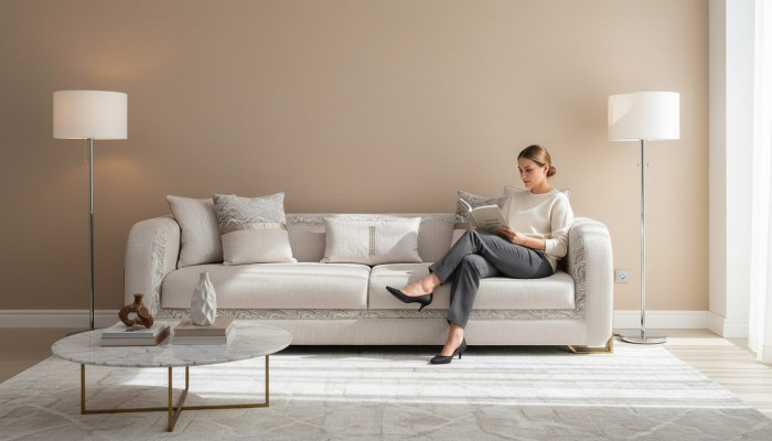 Trīsvietīgā sofa 3 sēdvietām Pelēka mīkstais dīvāns Auduma dīvāns Modernie dīvāni