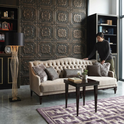 Dzīvojamā istaba Garnitūra Sofa 3 sēdvietas Galdiņš Chesterfield Paklājs Griķu modelis Pelēks