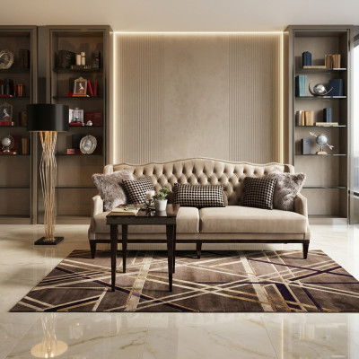 Dzīvojamā istaba Garnitūra Sofa 3 sēdvietas Galdiņš Chesterfield Paklājs Griķu modelis Pelēks