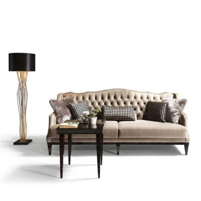 Dzīvojamā istaba Garnitūra Sofa 3 sēdvietas Galdiņš Chesterfield Paklājs Griķu modelis Pelēks