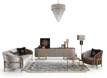 Sofas komplekts trīsvietīgais krēsls beige auduma dīvāns TV piegrieznes galds 4 gab.