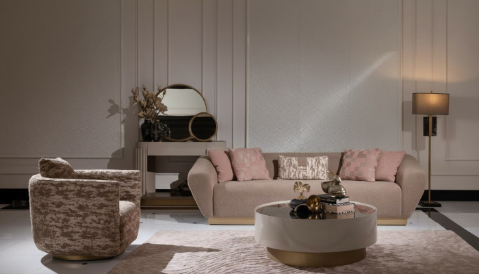 Sofas komplekts Ar dīvānu, 3-vietīgu dīvāna krēslu, galdapenes un skapjiem, beige audums, 5 gab.
