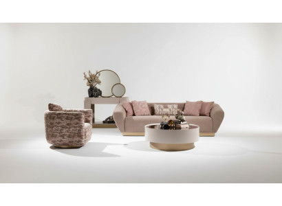 Sofas komplekts Ar dīvānu, 3-vietīgu dīvāna krēslu, galdapenes un skapjiem, beige audums, 5 gab.
