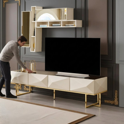 Sideboard RTV Lowboard dzīvojamā siena TV statīvs skapis koks beige plaukti