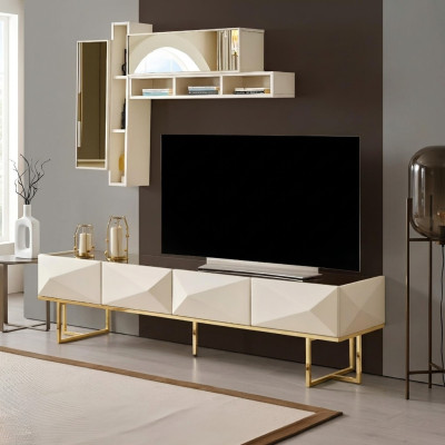 Sideboard RTV Lowboard dzīvojamā siena TV statīvs skapis koks beige plaukti