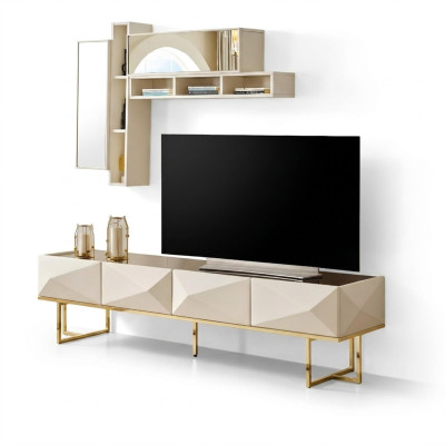 Sideboard RTV Lowboard dzīvojamā siena TV statīvs skapis koks beige plaukti