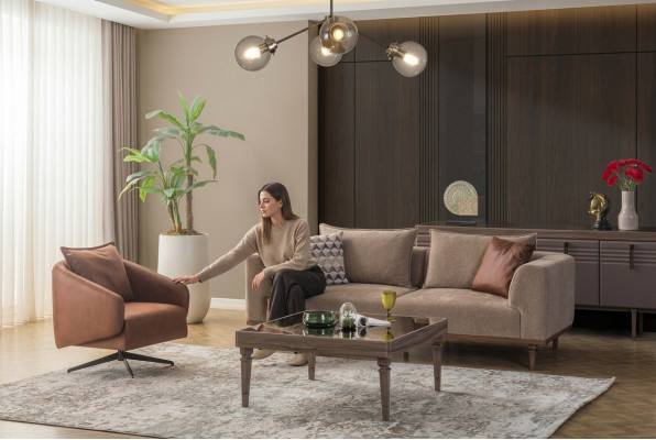 Sofasets trīszoložu krēsla mūsdienīgas auduma krēsla modernais auduma brūns komplekts