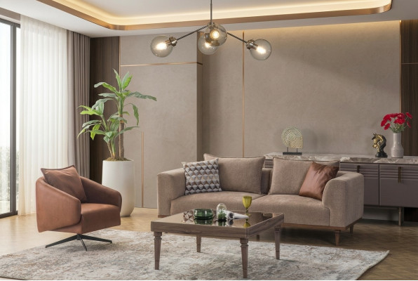 Sofasets trīszoložu krēsla mūsdienīgas auduma krēsla modernais auduma brūns komplekts