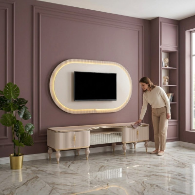 Mūsdienīga beige dzīvojamā siena komplekts, dizaina TV zemlējums, sienas paneļi 2 gab.