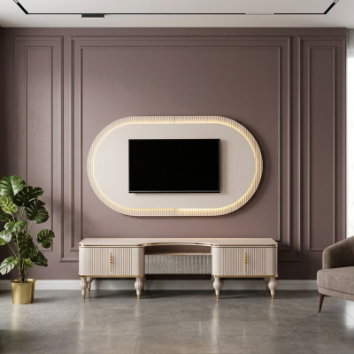 Mūsdienīga beige dzīvojamā siena komplekts, dizaina TV zemlējums, sienas paneļi 2 gab.