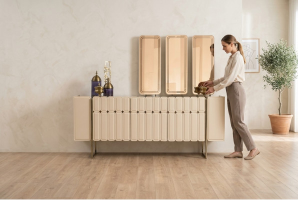 Moderns beige stāvskapis Luksusa komoda ekskluzīvs x3 spogulis 4 gab.
