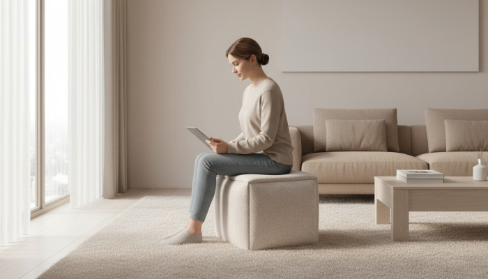 Hocker, sēdekli, polsterhocker, auduma sēdekli, beige grima sēdekli, moderns