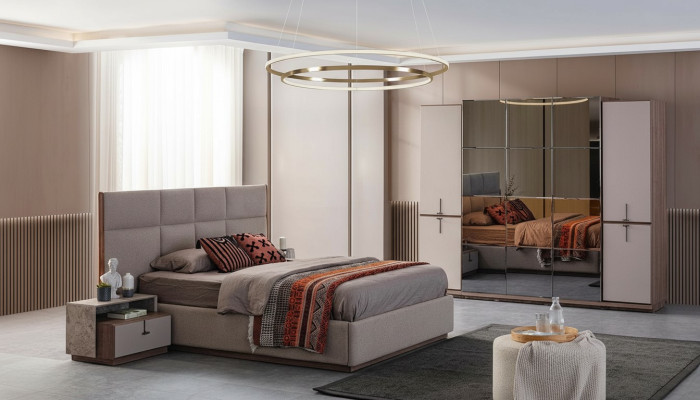 Complete bedroom double bed bed bedside tables Gray 4-piece wardrobe