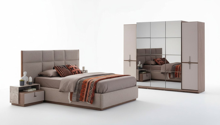 Complete bedroom double bed bed bedside tables Gray 4-piece wardrobe