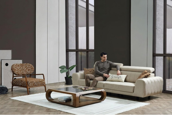 Sofas komplekts Auduma dīvāns Pārklāta dīvāns Trīs vietu dīvāns Krēsls Beža dīvāns 2 gabali