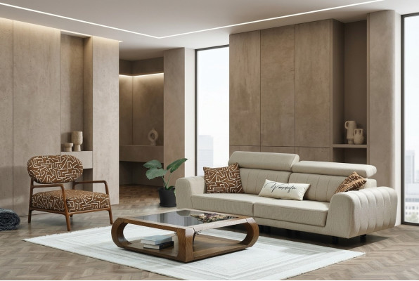Sofas komplekts Auduma dīvāns Pārklāta dīvāns Trīs vietu dīvāns Krēsls Beža dīvāns 2 gabali