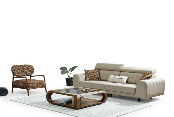 Sofas komplekts Auduma dīvāns Pārklāta dīvāns Trīs vietu dīvāns Krēsls Beža dīvāns 2 gabali