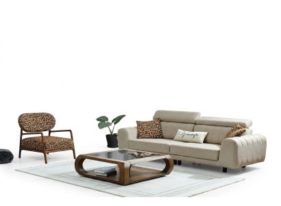 Sofas komplekts Auduma dīvāns Pārklāta dīvāns Trīs vietu dīvāns Krēsls Beža dīvāns 2 gabali