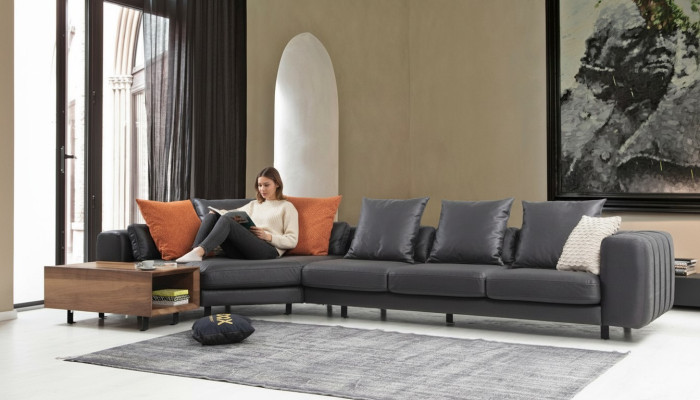 Stūrsofa Stūrgarnitūra L formā Pārklājuma dīvāns Auduma dīvāns Pelēks Dīvāns Galds Couch